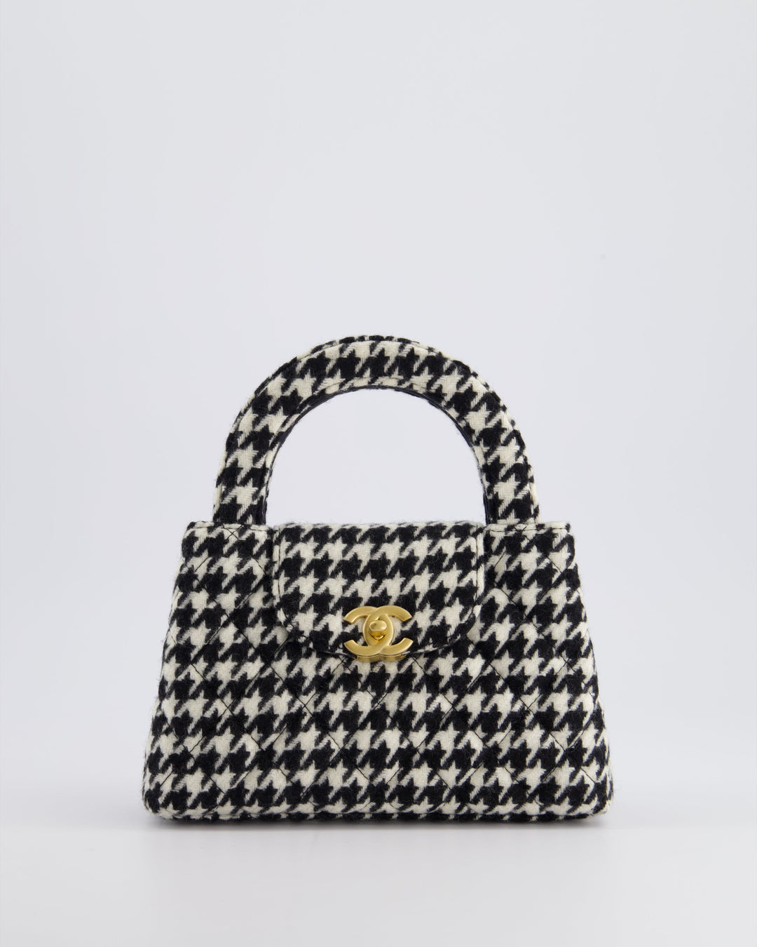 *HOT* Top Quality Chanel Small Kelly Shopping Bag in Black & White Wool Houndstooth with Brushed Antique Gold Hardware