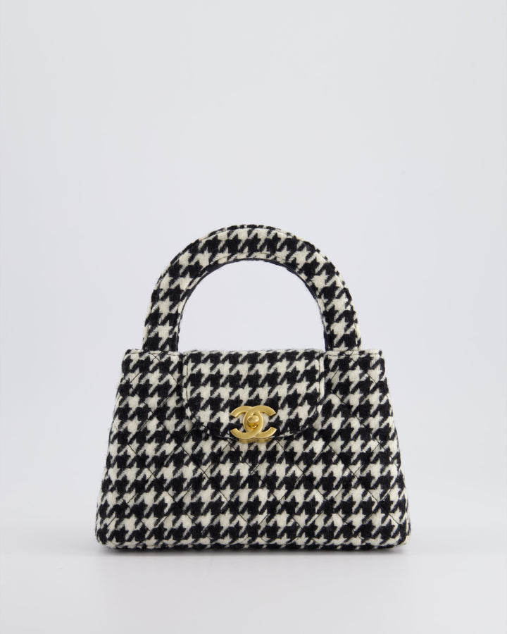 *HOT* Top Quality Chanel Small Kelly Shopping Bag in Black & White Wool Houndstooth with Brushed Antique Gold Hardware