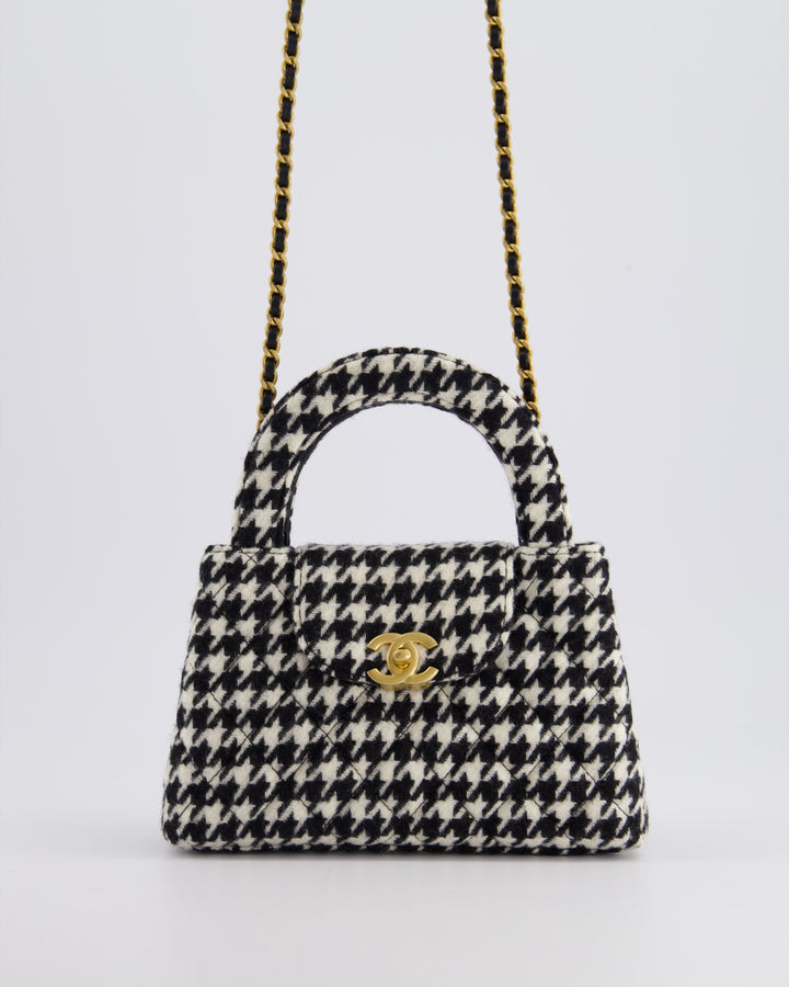 *HOT* Top Quality Chanel Small Kelly Shopping Bag in Black & White Wool Houndstooth with Brushed Antique Gold Hardware
