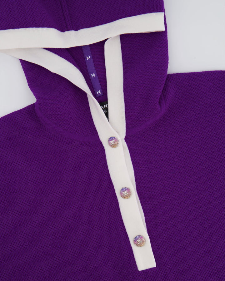 Top Quality Chanel Cruise 2024 Purple Cashmere Short Sleeve Hooded Mini Dress with Crystal Multicolour CC Buttons Detail Size FR 36 (UK 8)