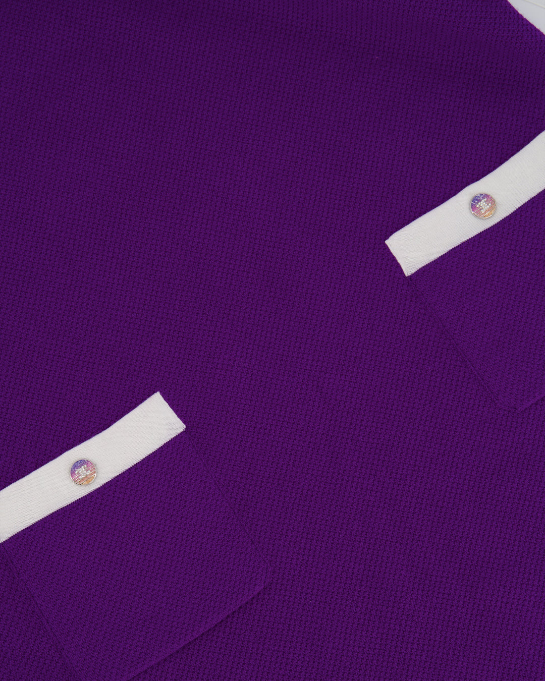 Top Quality Chanel Cruise 2024 Purple Cashmere Short Sleeve Hooded Mini Dress with Crystal Multicolour CC Buttons Detail Size FR 36 (UK 8)