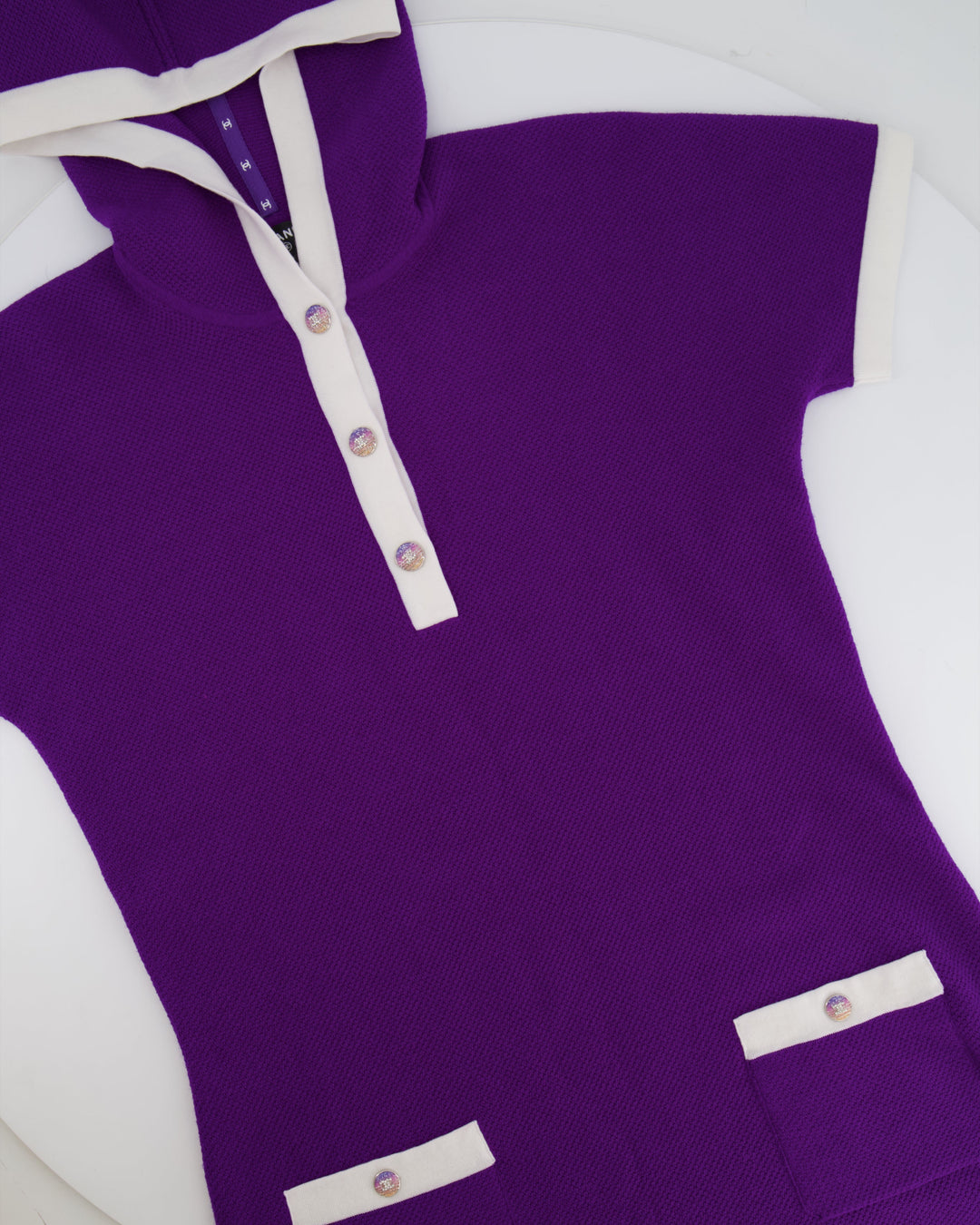 Top Quality Chanel Cruise 2024 Purple Cashmere Short Sleeve Hooded Mini Dress with Crystal Multicolour CC Buttons Detail Size FR 36 (UK 8)