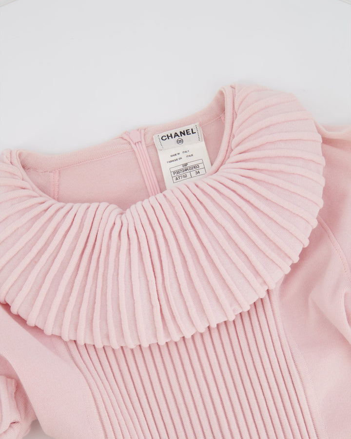Top Quality Chanel Pink Paris Moscow Short Sleeve Ruffle Mini Dress with Pearl Zipper Logo Size FR 34 (UK 6)