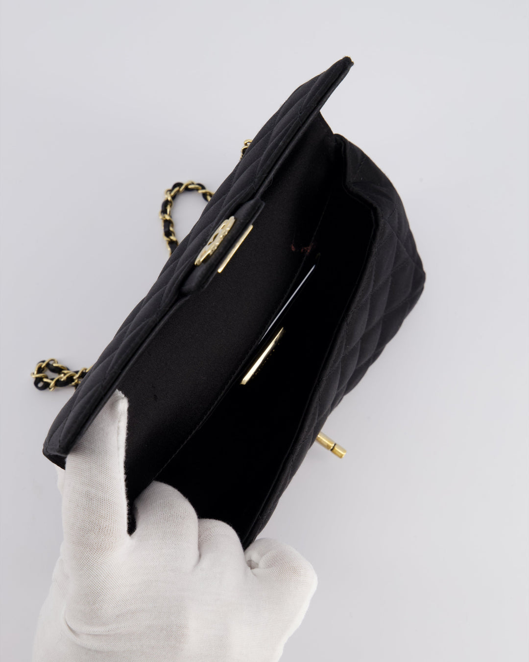 *HOT* Top Quality Chanel Satin Black Single Mini Flap Bag with Champagne Gold Hardware