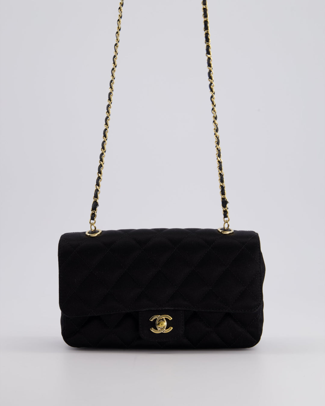 *HOT* Top Quality Chanel Satin Black Single Mini Flap Bag with Champagne Gold Hardware