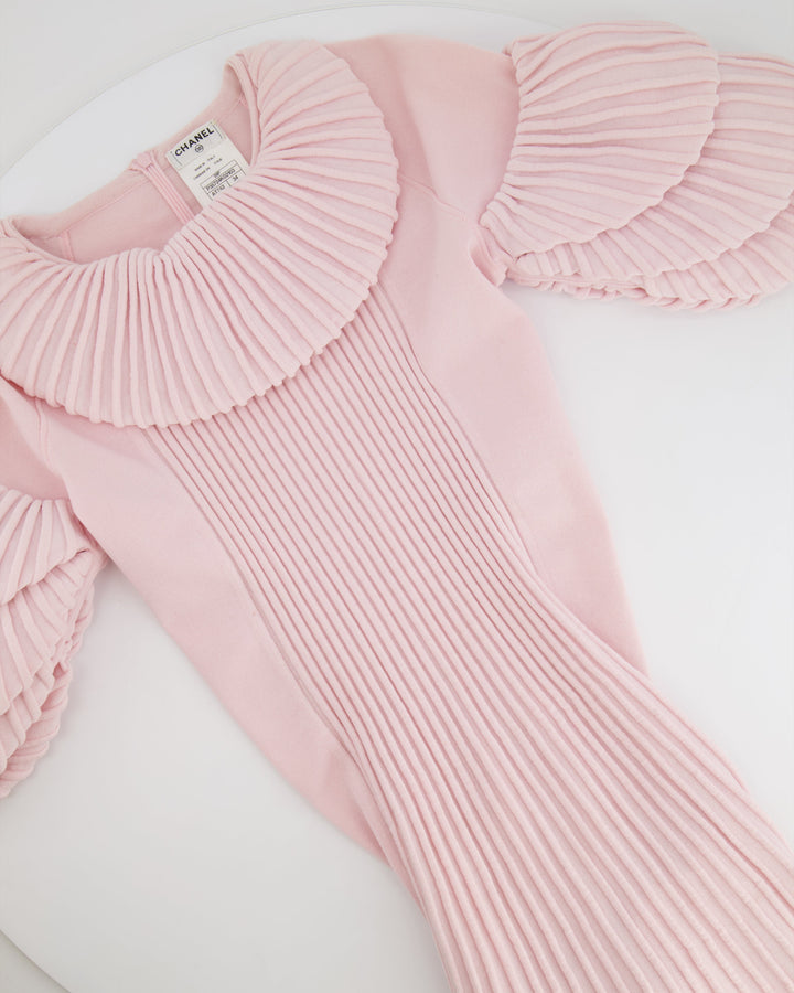 Top Quality Chanel Pink Paris Moscow Short Sleeve Ruffle Mini Dress with Pearl Zipper Logo Size FR 34 (UK 6)