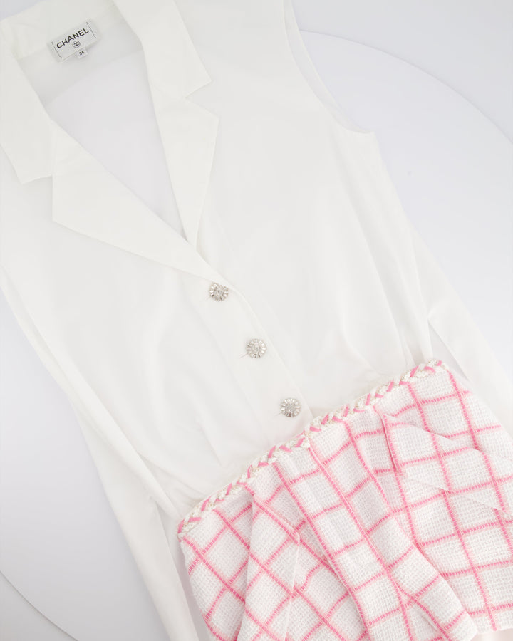 *HOT* Top Quality Chanel Resort 2023 White Shirt Playsuit with Checked Pink Detachable Shorts & Long Train Detail Size FR 34 (UK 6)