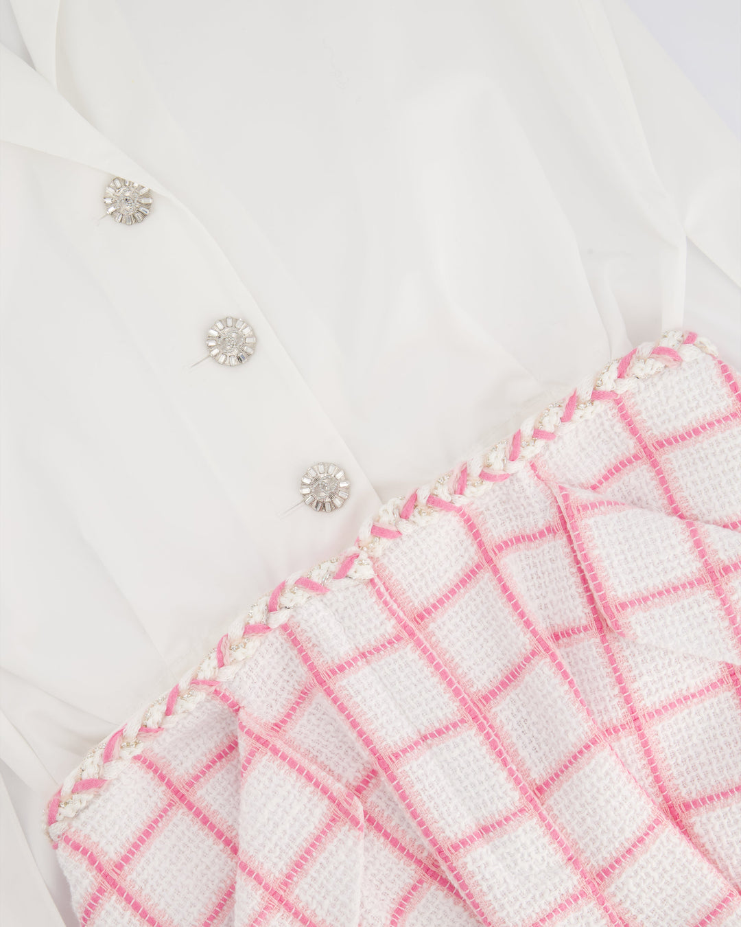 *HOT* Top Quality Chanel Resort 2023 White Shirt Playsuit with Checked Pink Detachable Shorts & Long Train Detail Size FR 34 (UK 6)