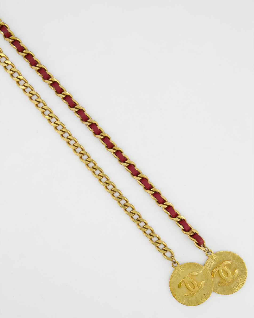 Top Quality Chanel Vintage Burgundy Leather Belt with Gold Chain and CC Medallion Gold Details