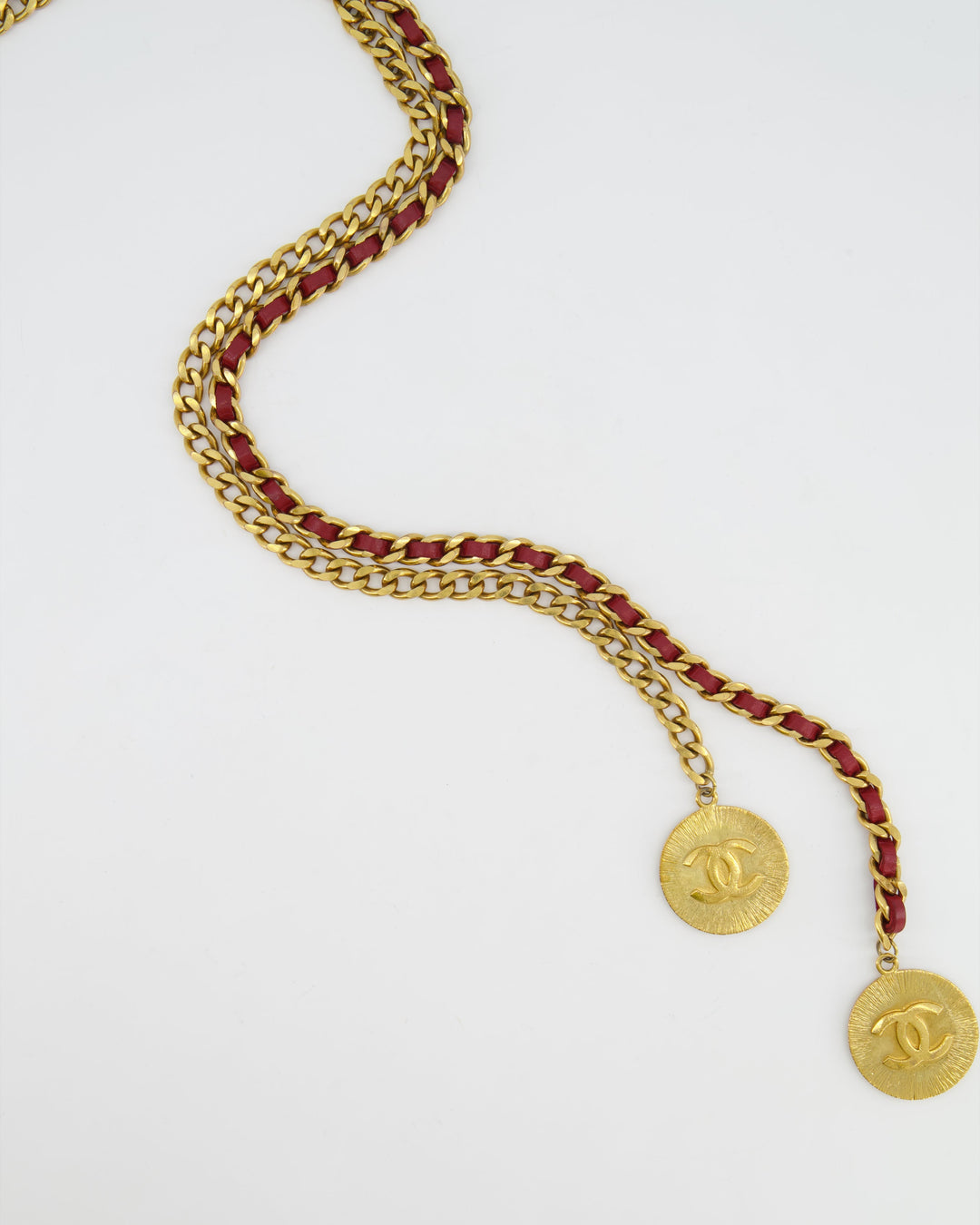 Top Quality Chanel Vintage Burgundy Leather Belt with Gold Chain and CC Medallion Gold Details