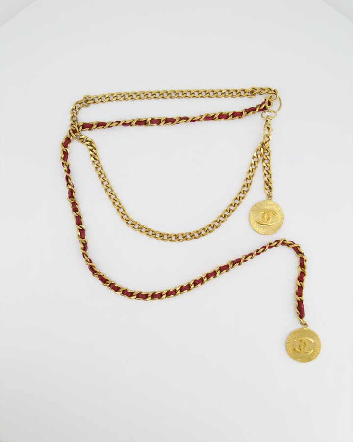 Top Quality Chanel Vintage Burgundy Leather Belt with Gold Chain and CC Medallion Gold Details