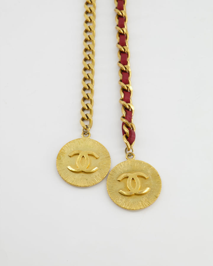 Top Quality Chanel Vintage Burgundy Leather Belt with Gold Chain and CC Medallion Gold Details