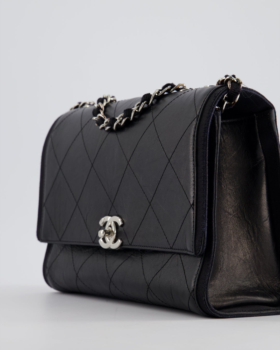 Top Quality Chanel Black Matelasse Crumpled Calfskin Leather Flap Bag With Silver Hardware and Grosgrain Fabric Detailing