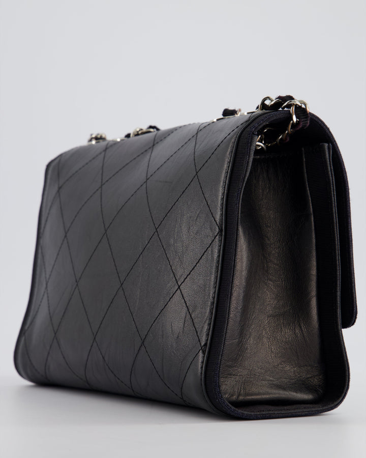 Top Quality Chanel Black Matelasse Crumpled Calfskin Leather Flap Bag With Silver Hardware and Grosgrain Fabric Detailing