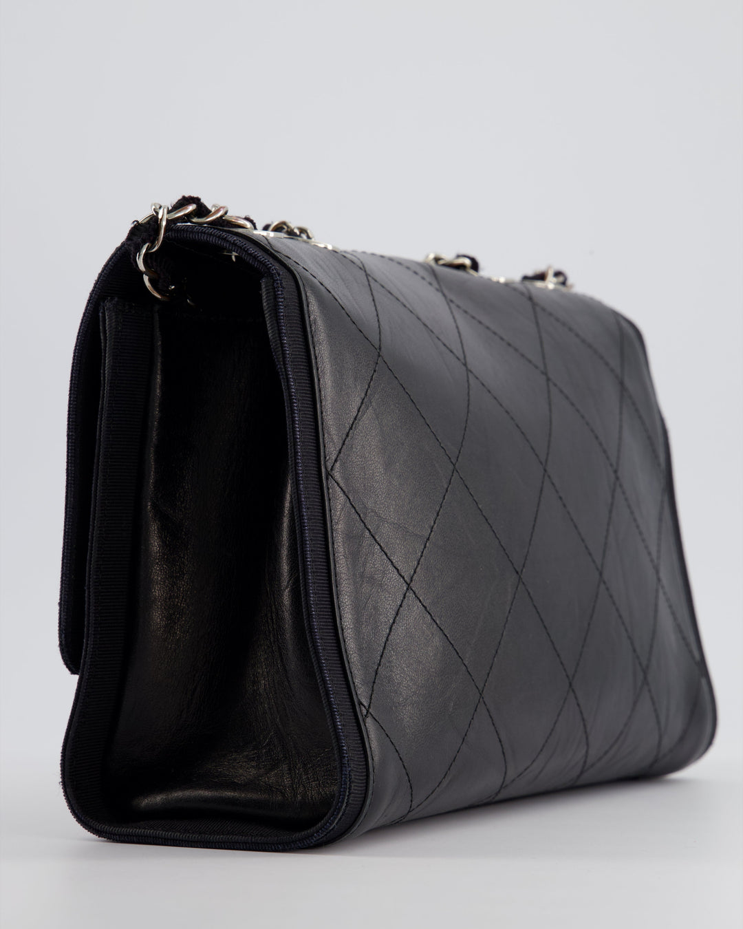 Top Quality Chanel Black Matelasse Crumpled Calfskin Leather Flap Bag With Silver Hardware and Grosgrain Fabric Detailing