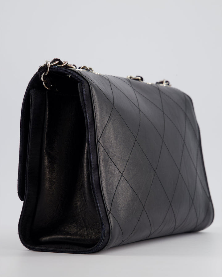 Top Quality Chanel Black Matelasse Crumpled Calfskin Leather Flap Bag With Silver Hardware and Grosgrain Fabric Detailing