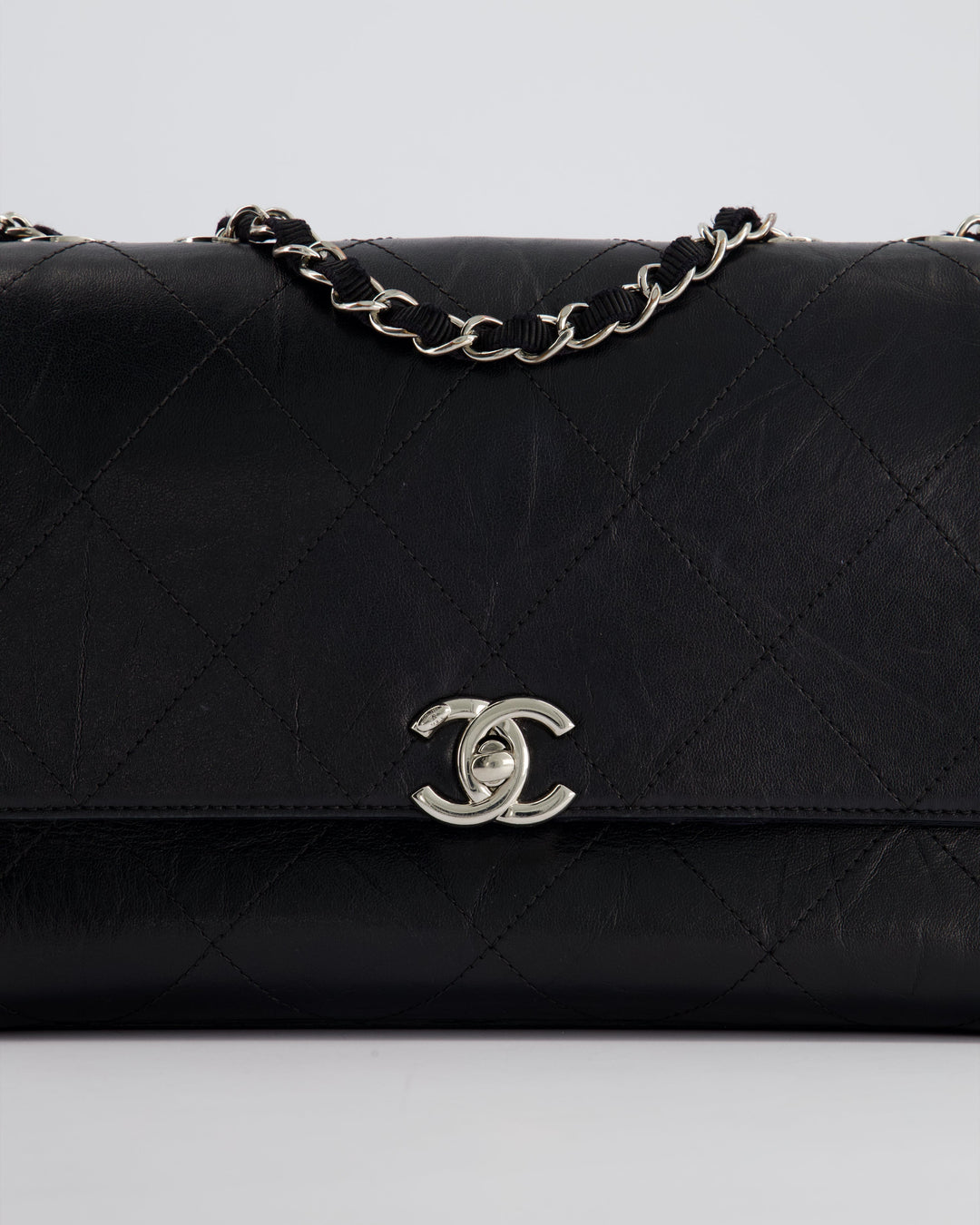 Top Quality Chanel Black Matelasse Crumpled Calfskin Leather Flap Bag With Silver Hardware and Grosgrain Fabric Detailing