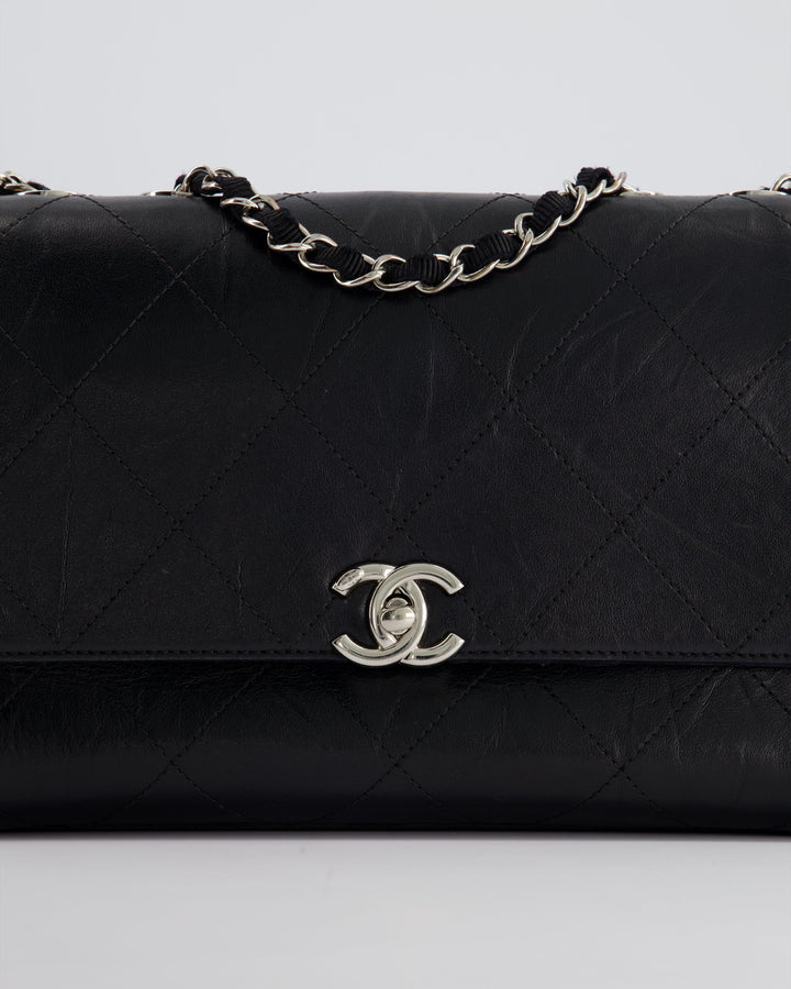 Top Quality Chanel Black Matelasse Crumpled Calfskin Leather Flap Bag With Silver Hardware and Grosgrain Fabric Detailing