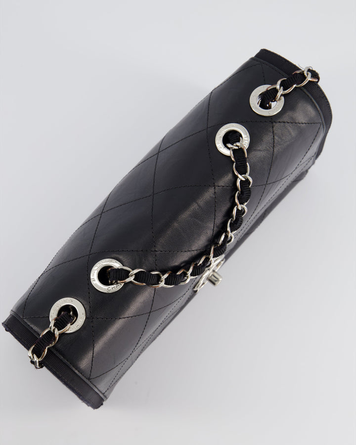 Top Quality Chanel Black Matelasse Crumpled Calfskin Leather Flap Bag With Silver Hardware and Grosgrain Fabric Detailing