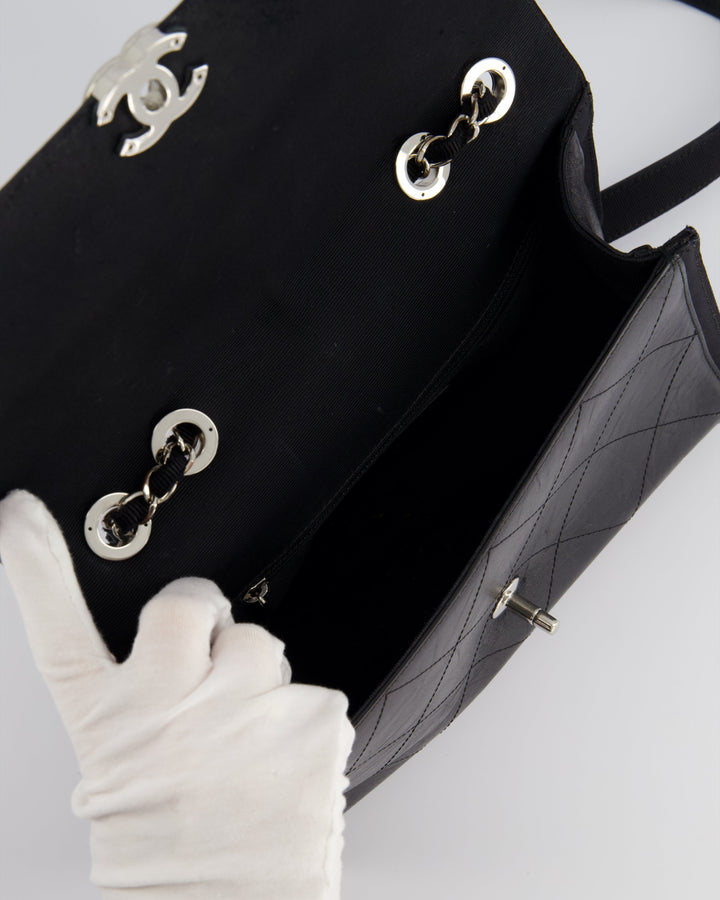 Top Quality Chanel Black Matelasse Crumpled Calfskin Leather Flap Bag With Silver Hardware and Grosgrain Fabric Detailing