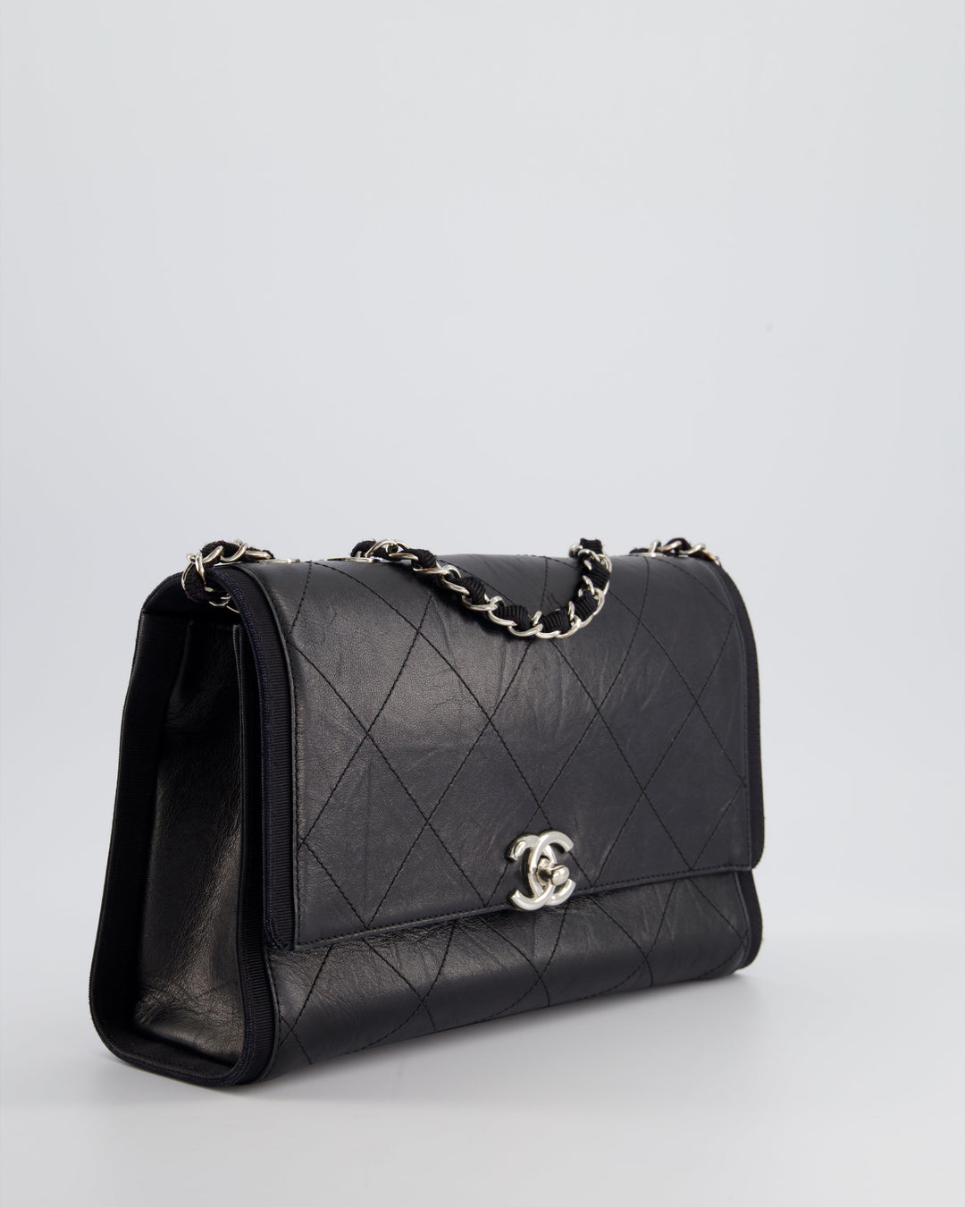 Top Quality Chanel Black Matelasse Crumpled Calfskin Leather Flap Bag With Silver Hardware and Grosgrain Fabric Detailing