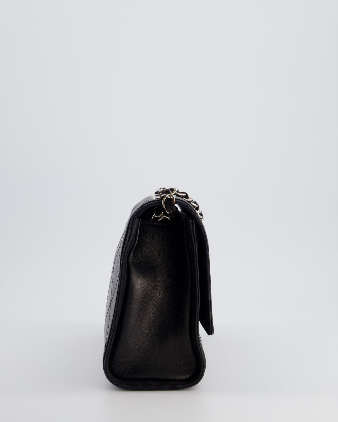 Top Quality Chanel Black Matelasse Crumpled Calfskin Leather Flap Bag With Silver Hardware and Grosgrain Fabric Detailing
