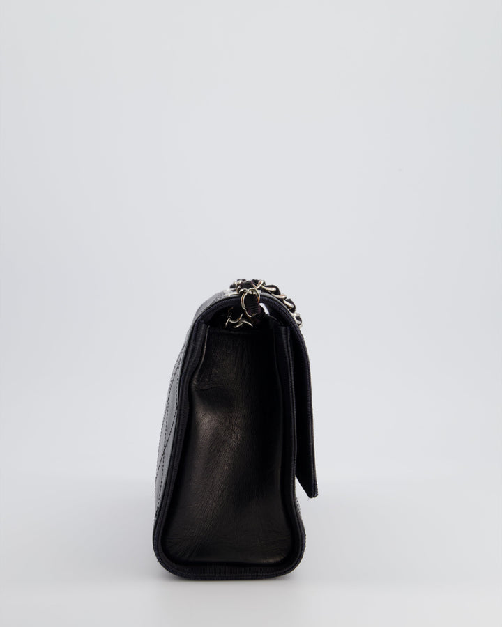 Top Quality Chanel Black Matelasse Crumpled Calfskin Leather Flap Bag With Silver Hardware and Grosgrain Fabric Detailing