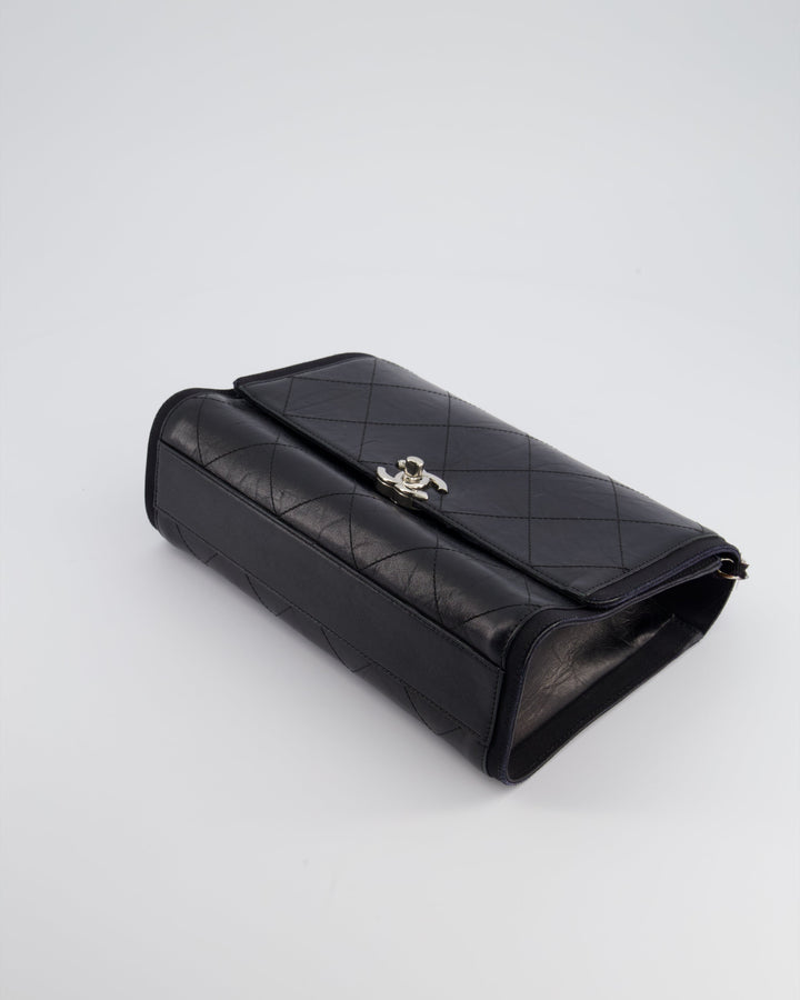 Top Quality Chanel Black Matelasse Crumpled Calfskin Leather Flap Bag With Silver Hardware and Grosgrain Fabric Detailing