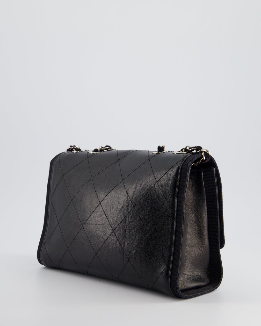 Top Quality Chanel Black Matelasse Crumpled Calfskin Leather Flap Bag With Silver Hardware and Grosgrain Fabric Detailing