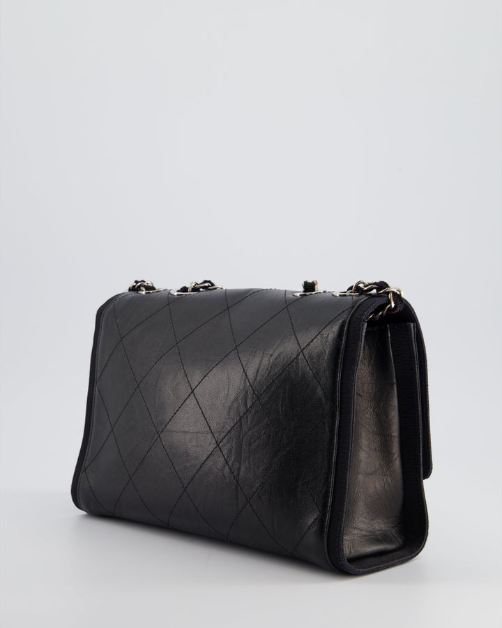 Top Quality Chanel Black Matelasse Crumpled Calfskin Leather Flap Bag With Silver Hardware and Grosgrain Fabric Detailing