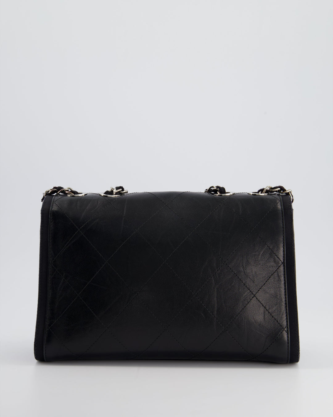Top Quality Chanel Black Matelasse Crumpled Calfskin Leather Flap Bag With Silver Hardware and Grosgrain Fabric Detailing