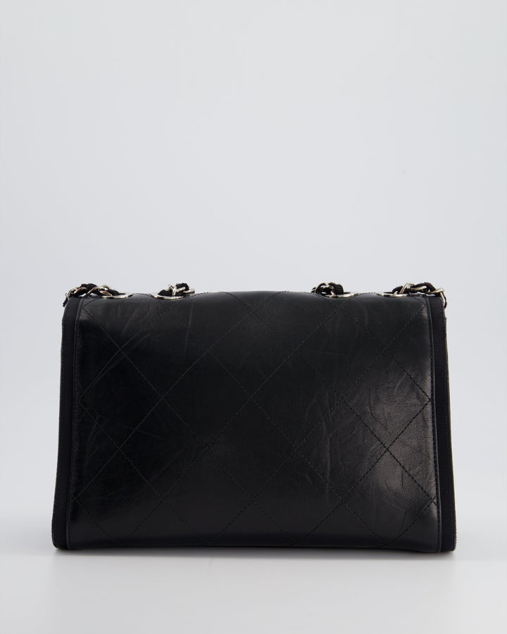 Top Quality Chanel Black Matelasse Crumpled Calfskin Leather Flap Bag With Silver Hardware and Grosgrain Fabric Detailing