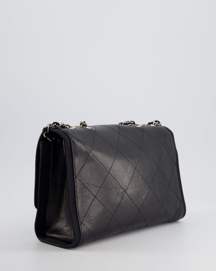 Top Quality Chanel Black Matelasse Crumpled Calfskin Leather Flap Bag With Silver Hardware and Grosgrain Fabric Detailing