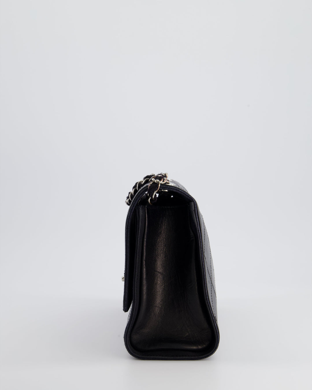 Top Quality Chanel Black Matelasse Crumpled Calfskin Leather Flap Bag With Silver Hardware and Grosgrain Fabric Detailing