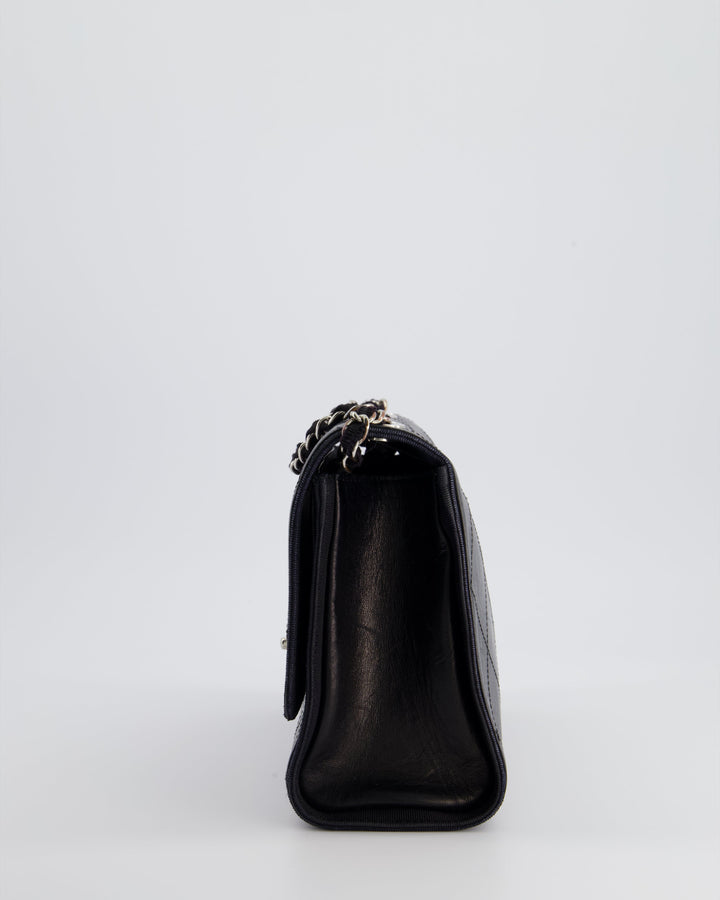 Top Quality Chanel Black Matelasse Crumpled Calfskin Leather Flap Bag With Silver Hardware and Grosgrain Fabric Detailing