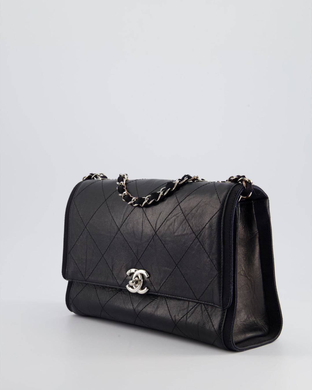 Top Quality Chanel Black Matelasse Crumpled Calfskin Leather Flap Bag With Silver Hardware and Grosgrain Fabric Detailing