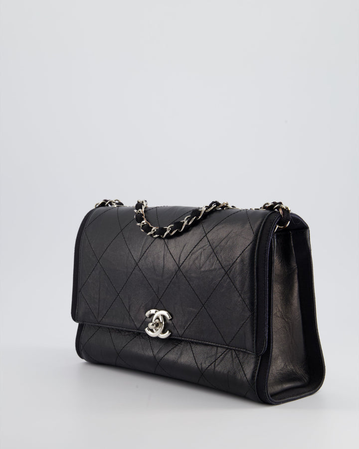 Top Quality Chanel Black Matelasse Crumpled Calfskin Leather Flap Bag With Silver Hardware and Grosgrain Fabric Detailing