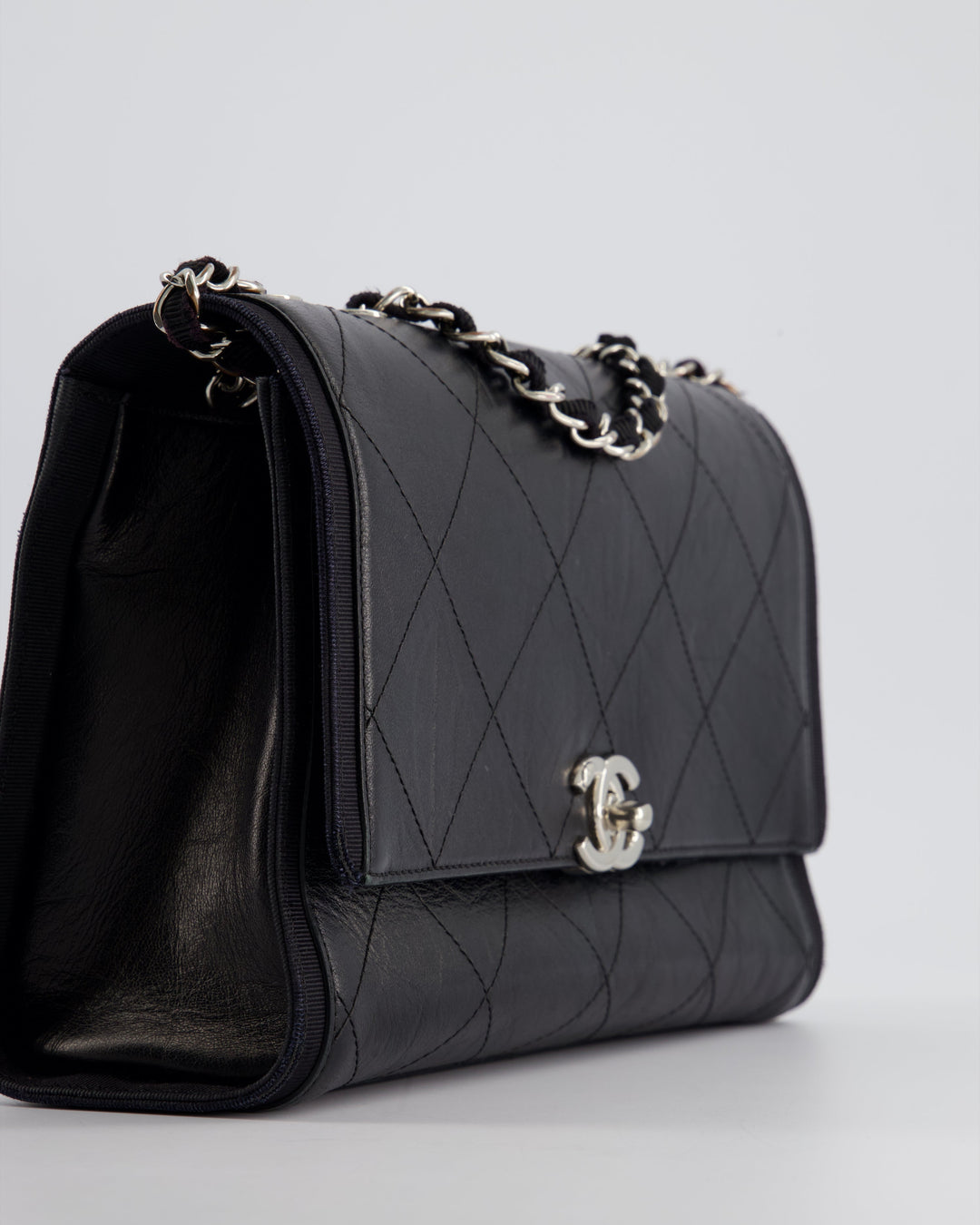 Top Quality Chanel Black Matelasse Crumpled Calfskin Leather Flap Bag With Silver Hardware and Grosgrain Fabric Detailing