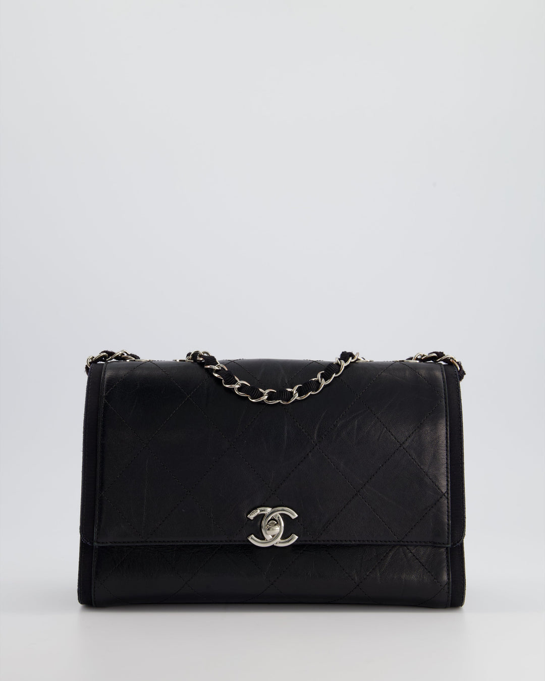 Top Quality Chanel Black Matelasse Crumpled Calfskin Leather Flap Bag With Silver Hardware and Grosgrain Fabric Detailing