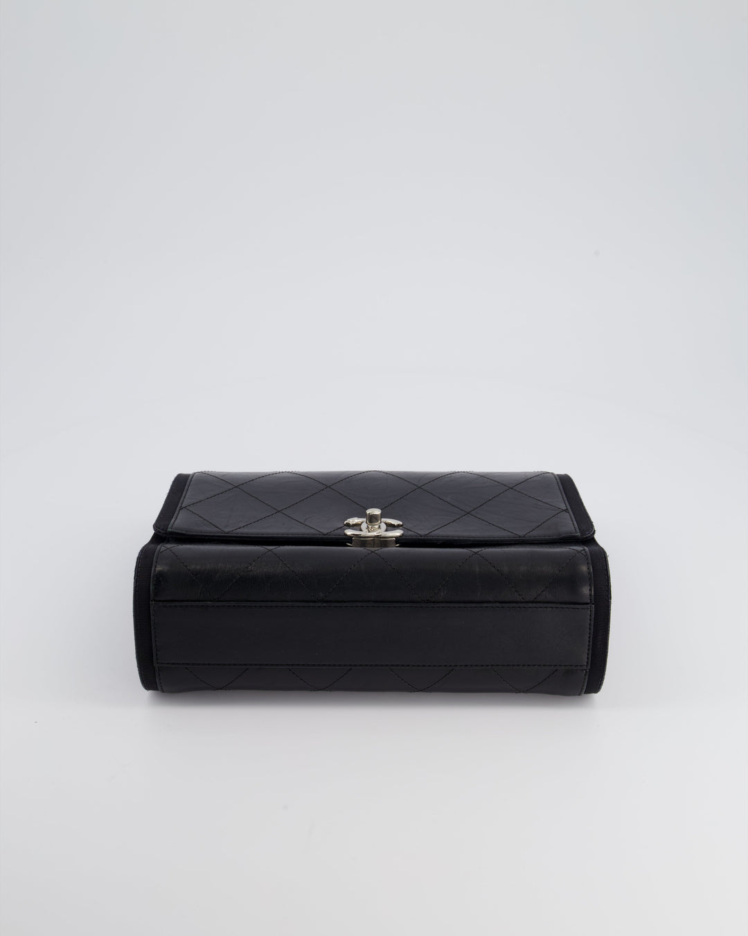 Top Quality Chanel Black Matelasse Crumpled Calfskin Leather Flap Bag With Silver Hardware and Grosgrain Fabric Detailing
