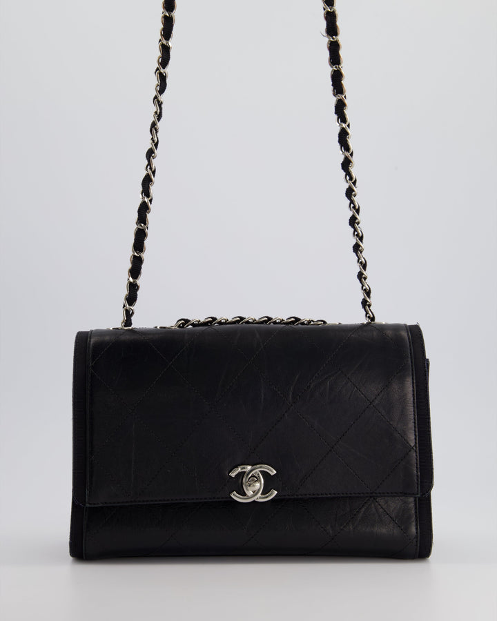 Top Quality Chanel Black Matelasse Crumpled Calfskin Leather Flap Bag With Silver Hardware and Grosgrain Fabric Detailing