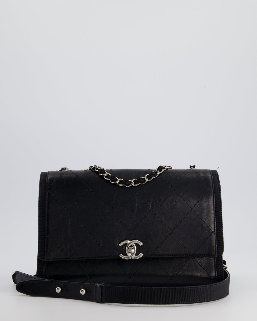 Top Quality Chanel Black Matelasse Crumpled Calfskin Leather Flap Bag With Silver Hardware and Grosgrain Fabric Detailing