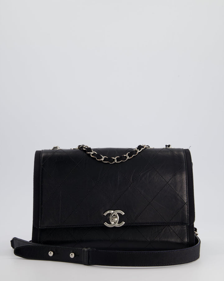 Top Quality Chanel Black Matelasse Crumpled Calfskin Leather Flap Bag With Silver Hardware and Grosgrain Fabric Detailing