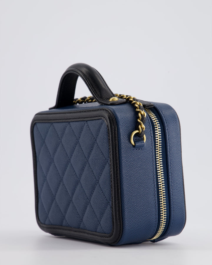 Top Quality Chanel Navy and Black Small CC Vanity Case Bag in Caviar Leather with Brushed Gold Hardware