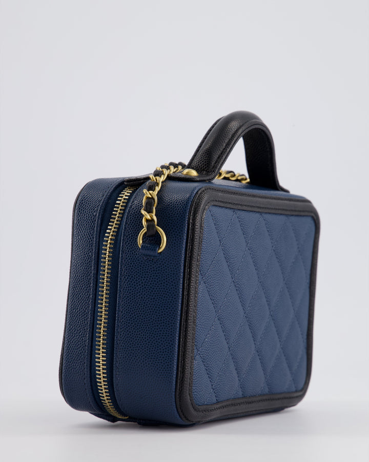 Top Quality Chanel Navy and Black Small CC Vanity Case Bag in Caviar Leather with Brushed Gold Hardware