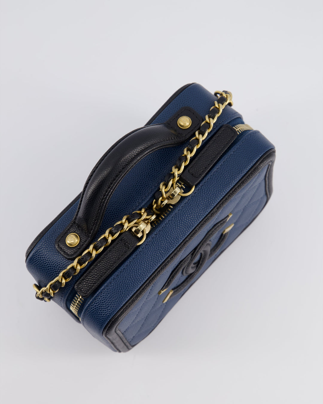Top Quality Chanel Navy and Black Small CC Vanity Case Bag in Caviar Leather with Brushed Gold Hardware