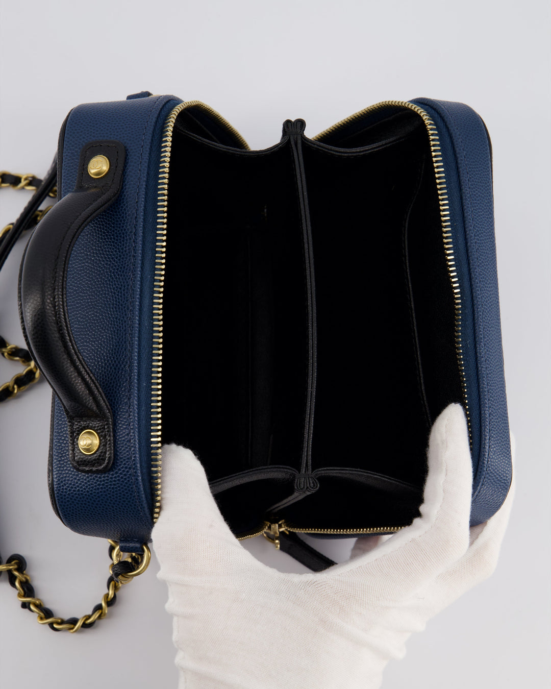 Top Quality Chanel Navy and Black Small CC Vanity Case Bag in Caviar Leather with Brushed Gold Hardware
