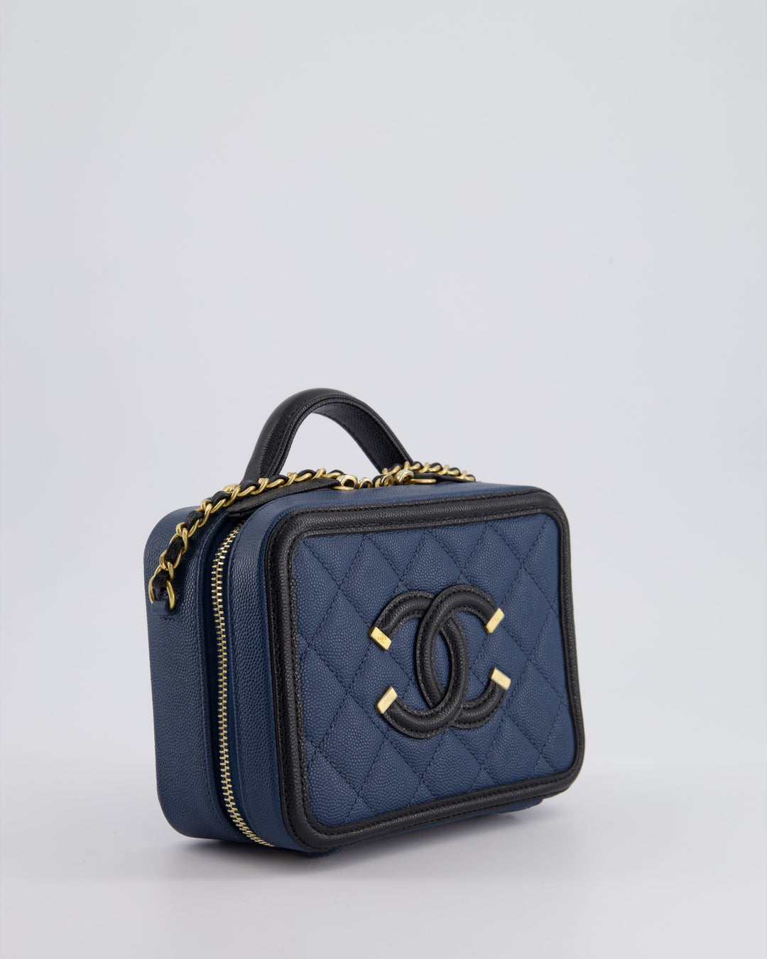 Top Quality Chanel Navy and Black Small CC Vanity Case Bag in Caviar Leather with Brushed Gold Hardware