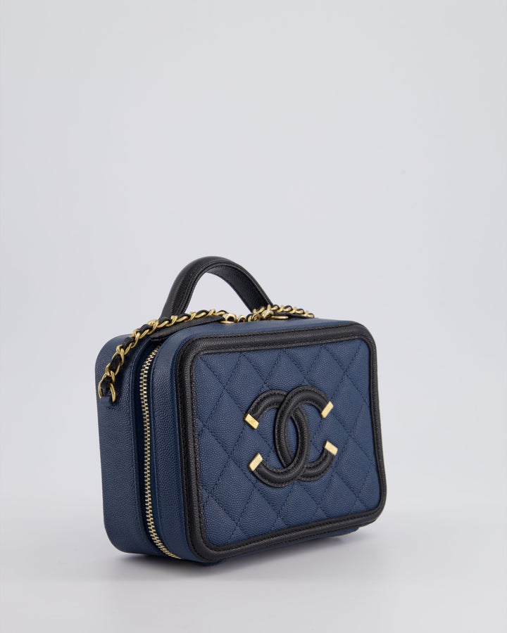 Top Quality Chanel Navy and Black Small CC Vanity Case Bag in Caviar Leather with Brushed Gold Hardware