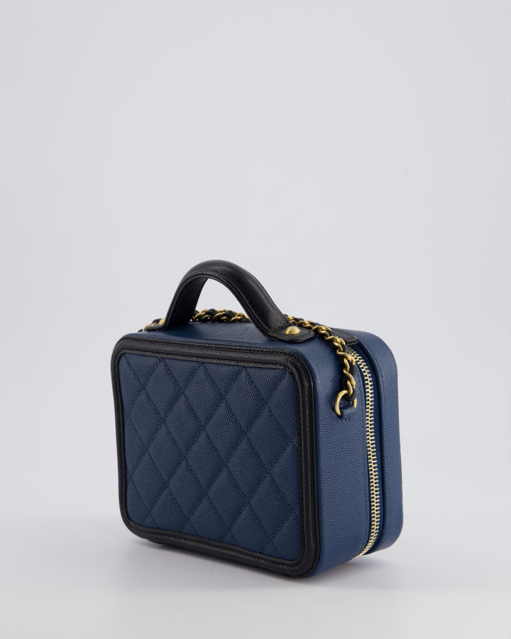 Top Quality Chanel Navy and Black Small CC Vanity Case Bag in Caviar Leather with Brushed Gold Hardware
